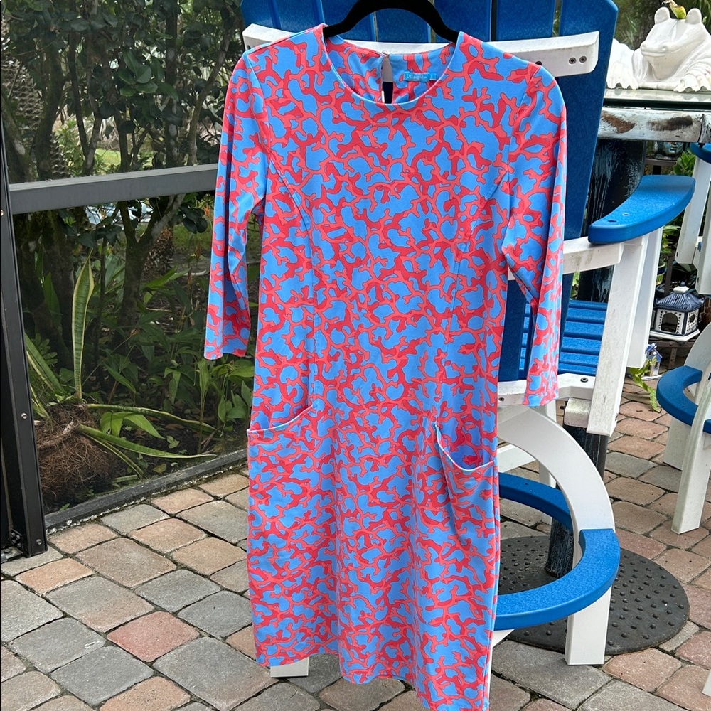 J. McLaughlin Vibrant Blue and Red Long Sleeve Dress